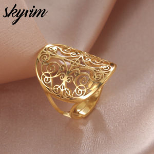 Skyrim thép không gỉ Titan Nhẫn vàng Hollow balote hoa lớn Nhẫn mở điều chỉnh nhẫn trang sức
