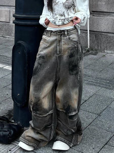 Quần Jeans Denim Dáng Rộng Phong Cách Đường Phố Cỡ Lớn Cho Nam Và Nữ Quần Dài Thường Ngày Cổ Điển Có Đính Khăn Quàng Cao