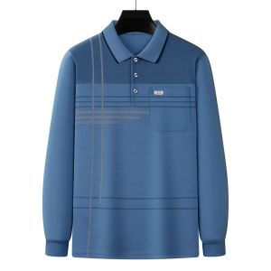 Shen Ben Mens Polo Shirt And Long Pants Set Striped Long Sleeve Casual Wear for Middle-Aged Cotton 100% Autumn Fashion