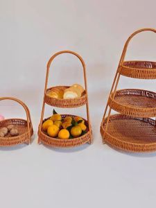 New Multi-layer Woven Rattan Storage Basket Snack Pastry Fruit Basket Restaurant Home Use Carrying Basket Kitchen Storage Organizer