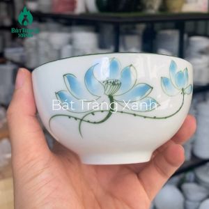 Bát đĩa tô chén ăn cơm Bát Tràng Men Kem Vẽ Tay Hoa Sen Xanh - Hàng lᴏại 1 Dùng Được Máy Rửa Bát và Lò Vi Sóng