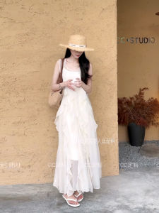 French Sweet Gentle Sleeveless Womens Dress Summer Lace Hem A-Line Strap Long Skirt Two-Piece Set Korean Style Commute