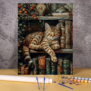 Oil Painting Package Book Cat Diy Paint By Numbers for Adults on Canvas Acrylic Paint Kit Wall Art Home Decoration Gift