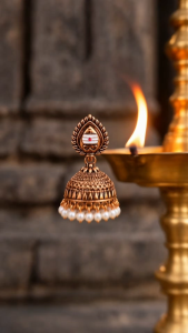 [SG] Murugans Thiruvel Jimikki Earrings | Antique Copper Look | Lord Murugans Sacred Vel Design | White Pearl Drops | Tamil Heritage Temple Jhumka Earrings | ear me out (EMO-417)