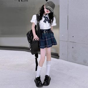 LIREGONGZHU | Fashion New Girls JK Set Plaid Skirt and Short Sleeve