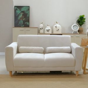 Livinghome FurnitureMall โซฟา 2 ที่นั่ง สไตล์มินิมอล ผ้าอดีตกำมะหยี่ เบาะนั่งนู้สบาย รุ่น SANFRAN ฟรี! หมอนอิง สีครีม, สีเทา, สีชมพู