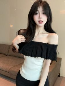 GUZILIAN | เสื้อสเวตเตอร์ถักทรงเข้ารูปสไตล์ฝรั่งเศส คอวี แขนกุด ผ้าฝ้ายผสมโพลีเอสเตอร์ สีพื้น ฤดูร้อน 2025