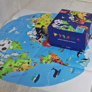 World Map with Animals Jigsaw Puzzle for Kids 70PCS Round Floor Puzzles for Boys Girls Globe Geography Games Educational Toy