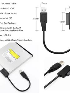 USB 2.0 to Mini SATA II 7+6 13Pin Adapter Converter Cable for Laptop CD/DVD ROM Slimline Drive