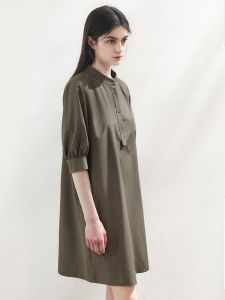 Miccbeirn | Silk Cotton Bubble Sleeve Shirt Dress Simple Commute Vintage Stand Collar Small Size Sweet Midi Dress Pure Color Loose Waist