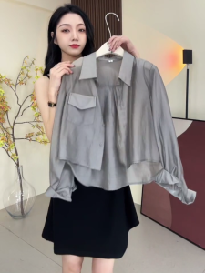 Womens Short Sleeve Silk Shirt Summer Outfit Set with Halter Dress Korean Style Commute Loose Fit Long Pants Polyester Fiber