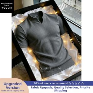 YOULIN | Black Texture V-Neck Straight Shoulder Short Sleeve Summer T-Shirt Slim Fit Muscular