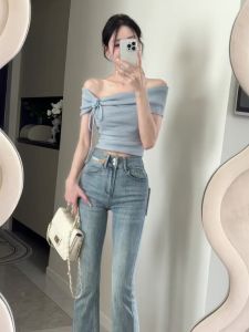 Áo Thun Tay Ngắn Dopaamine Blue Dành Cho Nữ Mùa Hè Bằng Lụa Băng Dệt Kim Thắt Eo Kiểu Pháp Hoa Lụa Áo Ngắn Một Bên Vai