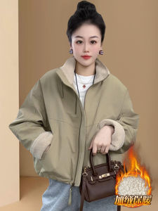 Lamb Fur Collar Fleece Lined Stand up Collar Womens Jacket Winter Warm Casual Loose Fit Long Sleeve Zipper Closure Coat