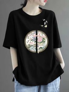 Áo Thun Cotton Tay Ngắn Dáng Rộng in Họa Tiết Mùa Hè 2025 Phong Cách Trung Hoa Mới Cỡ Lớn Cho Nữ
