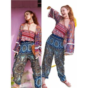 กางเกงขายาวเอวสูงสไตล์โยคะสไตล์โบฮีเมียนชายหาด กางเกงขายาวลำลองชายหาดฤดูร้อน ผ้าฝ้าย กางเกงขายาวทรงหลวมสบายๆ