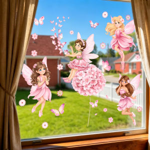 Pink Cartoon Fairy Butterfly Window Sticker Spring Floral Glass Window Decoration Suitable for Kids Rooms Bedrooms Home Decor
