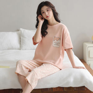 Miiow | Pure Cotton Short Sleeve Sleepwear Set For Women Summer New Style Comfortable Home Clothes Large Size Seven-Foot Pants
