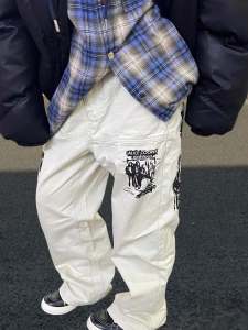 กางเกงยีนส์ทรงตรงหลวมๆ สไตล์ฮิปฮอปย้อนยุคสไตล์อเมริกันสำหรับผู้ชายและผู้หญิง กางเกงขายาวทรงหลวมสบายๆ สีพื้น