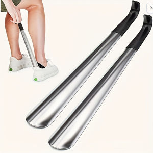 1pc 16.5-inch Stainless Steel Pair Shoehorn With A Black Handle Makes It Easy To Wear Shoes Without Bending Over