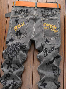 High-End Embroidered Floral Mens Jeans Trendy Cool Street Style Mid-Waist Straight Leg Cotton Polyester Blend Durable Wear