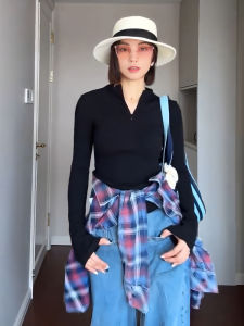 Retro Washed Plaid Womens Shirt High Waist Design Sensation Half Skirt Asymmetric Style Midi Skirt for plus Size Women