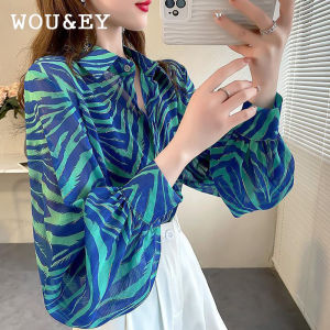 WOU&EY Chiffon Shirt Plus Size Blue Striped Women's Spring/Summer Top