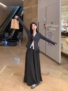 Slimming High Waist Knit Top And Midi Skirt Set Womens Fashion Early Autumn V Neck Long Sleeve Color Block Ensemble