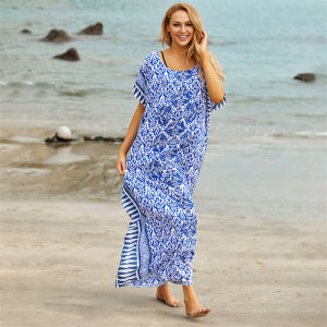 2024 ผ้าคลุมชุดว่ายน้ำสำหรับผู้หญิงชุดเดรสแม็กซี่ชายหาดผ้าฝ้ายขนาดพิเศษพิมพ์ลายชุดชายหาดสไตล์โบโฮ