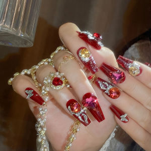 【With Glue】Female Mid-length Fake Nail Sweet Red New Year Bride Decor Artificial Nail for Women and Girl Party Activity