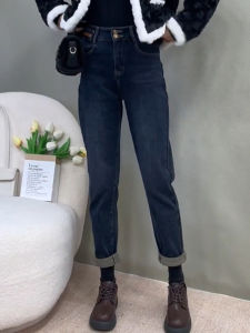 MANMI | Quần Jeans Dáng Thẳng Màu Xanh Đậm Cao Waist Dad Cho Phụ Nữ Hình Đê Mi Nhỏ Mới Thu