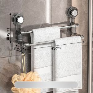 Strong Suction Cup Bathroom Towel Rack No Drilling Wall Mounted Storage Shelf Retractable Towel Bar Hook Stainless Steel