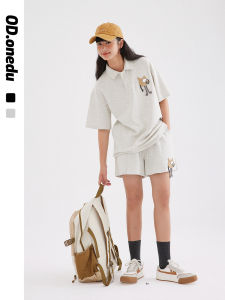 OD Cartoon Embroidered Polo Neck Short Sleeve T-Shirt Womens Two-Piece Loose College Style Sport Casual Shorts Set Trendy