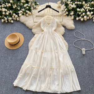 Mùa Hè Quyến Rũ Mới Cao Cấp Vòng Eo Cổ Chữ V Halter Đầm Nữ Dáng Chữ A Midi Đầm Nhẹ Nhàng Gợi Cảm Phong Cách Tươi Mát Phong Cách Hàn Quốc Đi Lại