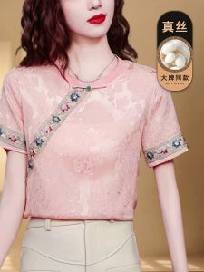 Elegant Short Sleeve Silk Shirt for Women Hangzhou Brand High End Summer New Style National Style  Silk Top