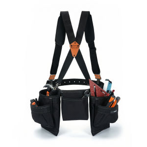 14-Pockets Professional Tool Belt with Suspenders for MenHeavy Duty Tool Bag and Pouch Combo (Black 33-49)