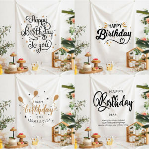 VIKAMA Minimalist Black White Happy Birthday Tapestry Party Backdrop for Kids Adults Birthday Decor Bedroom Photo Background