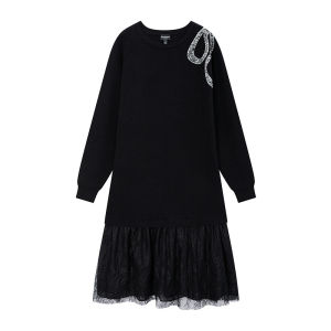 Juicy Couture | Bowing Lace and Knit Patchwork Black Mid Length Dress