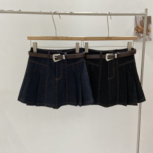 Retro Denim Pleated Skirt Women Fall 2024 New Arrival Korean Style Sense of Design High Waist Slim Looking Black A- line Dress