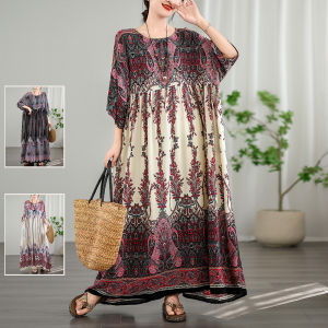 Retro Cotton Silk Printed plus Size Dress round Neck Travel Long Skirt Slimming Summer Womens Clothing Commute High Waist A-Line Dress