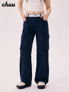 Chuu Womens Straight Leg Casual Pants Belted Lace Patchwork Long Trousers Autumn New Design Multi-Pocket Anti-Aging