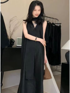 Elegant V-Neck Two-Way Wear Sleeveless Dress Womens Simple Elegance Slimming Long Skirt Polyester Fiber Summer Commute Style