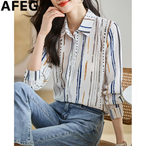AFEG Korean shirt collar casual fashion loose striped chiffon long sleeve blouse for women