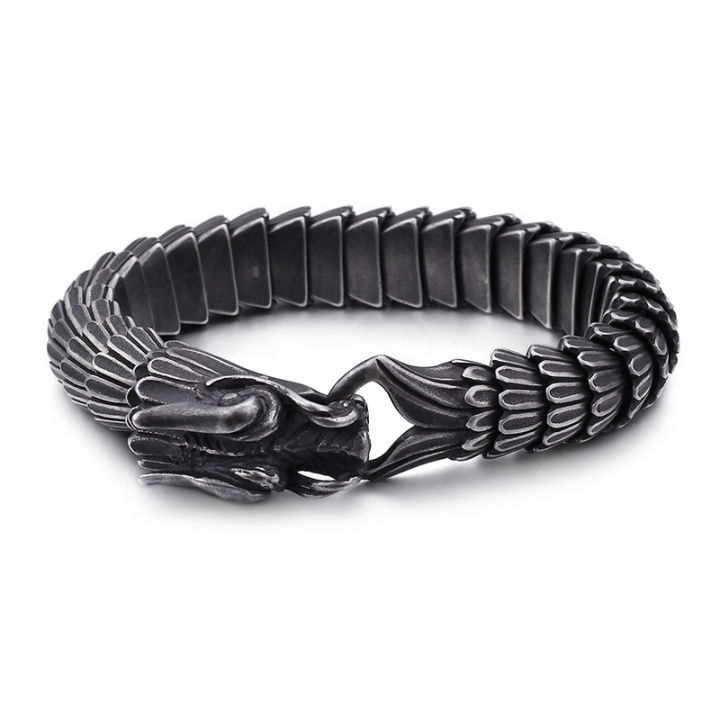 Qiaonitu Men's Stainless Steel Double Dragon Cuff Bracelet With Black Leather - Punk Rock Style
