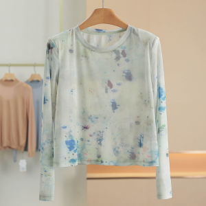 Blue round Neck Long Sleeve T-Shirt Mesh Breathable Womens Fashion Summer New Style Casual Comfortable Polyester Blend T-Shirt