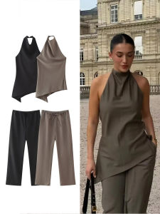 Bộ Trang Phục Nữ Mùa Hè Gồm Áo Camisole Đối Xứng Và Quần Ống Rộng Buộc Dây Thiết Kế Xếp Ly Cổ Trễ Vai Chất Liệu Polyester Kiểu Dáng Thường Ngày.