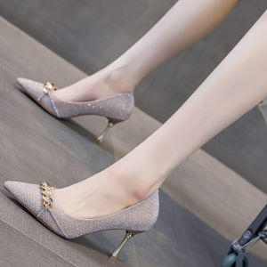 รองเท้าส้นสูงสีแชมเปญสำหรับผู้หญิง ทรงหัวแหลม สายรัดนิ้ว ยางพารา รองเท้าแต่งงาน รองเท้าแฟชั่นฤดูใบไม้ผลิ 2025