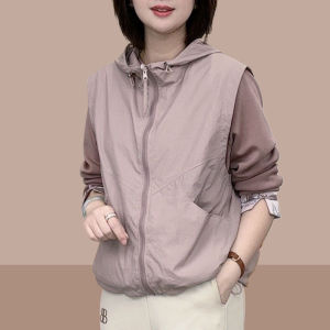 เสื้อกั๊กผู้หญิงบาง แฟชั่นฤดูร้อน 2025 เสื้อคลุมกันหนาวแบบสวมหัวแบบลำลอง ผ้าฝ้ายผสมโพลีเอสเตอร์ ปกติ แขนยาว ปกติ