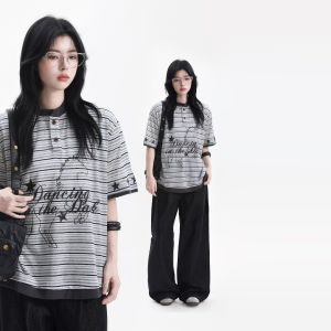 zuocisankon | American Retro Youth Color-blocking Henry Collar Striped T-Shirt