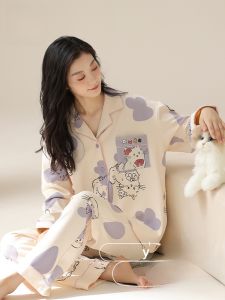 MiiOW | Bộ đồ ngủ cotton dài tay thoải mái cho nữ mùa xuân thu quần dài áo chui đầu cổ bẻ nhỏ cỡ lớn mặc ở nhà